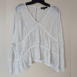 Central Park West (Anthropologie) Ruffle Lace Eyelet Floral Blouse, White (M)